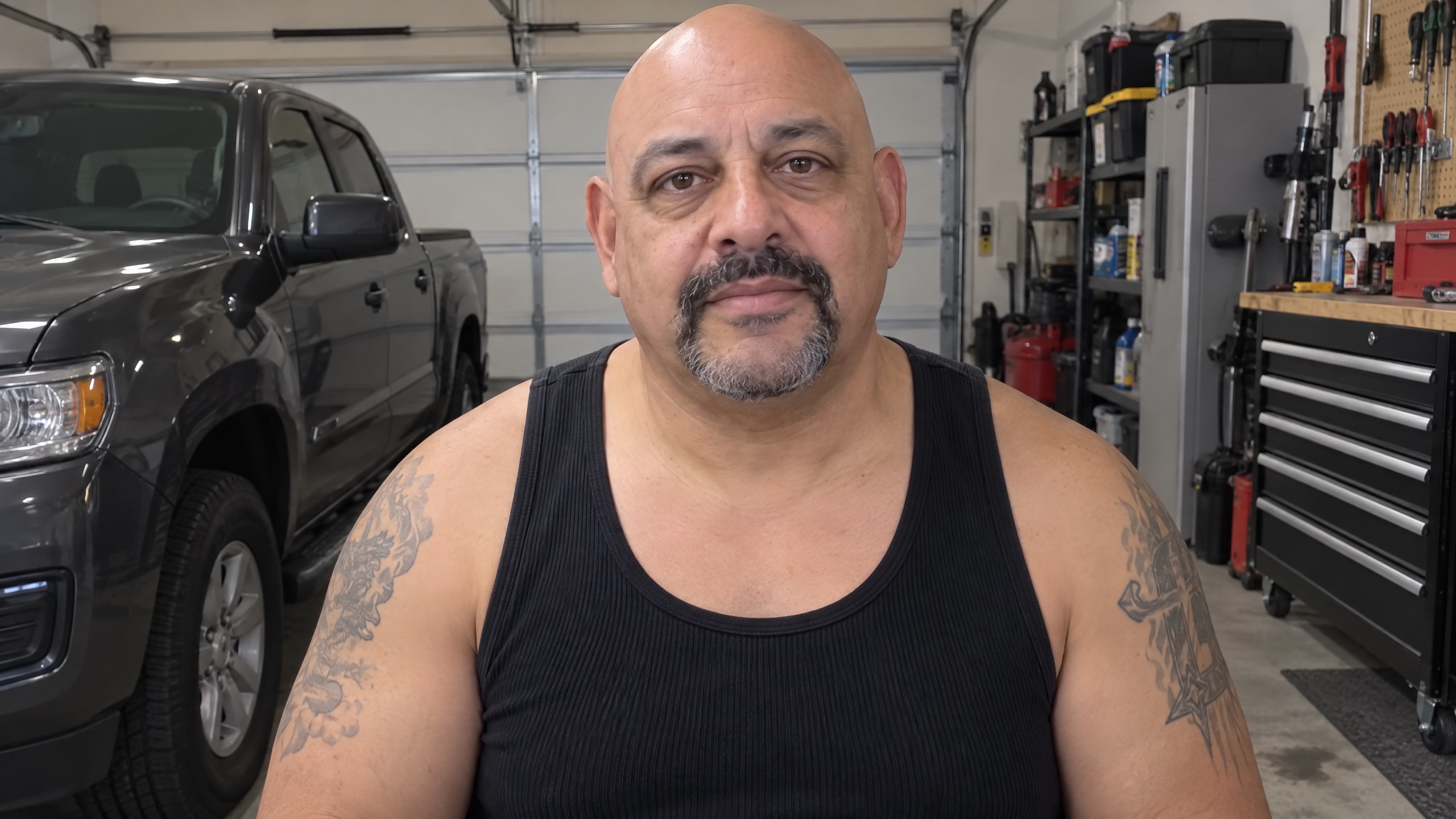 John Uncle in his garage beside a pickup truck