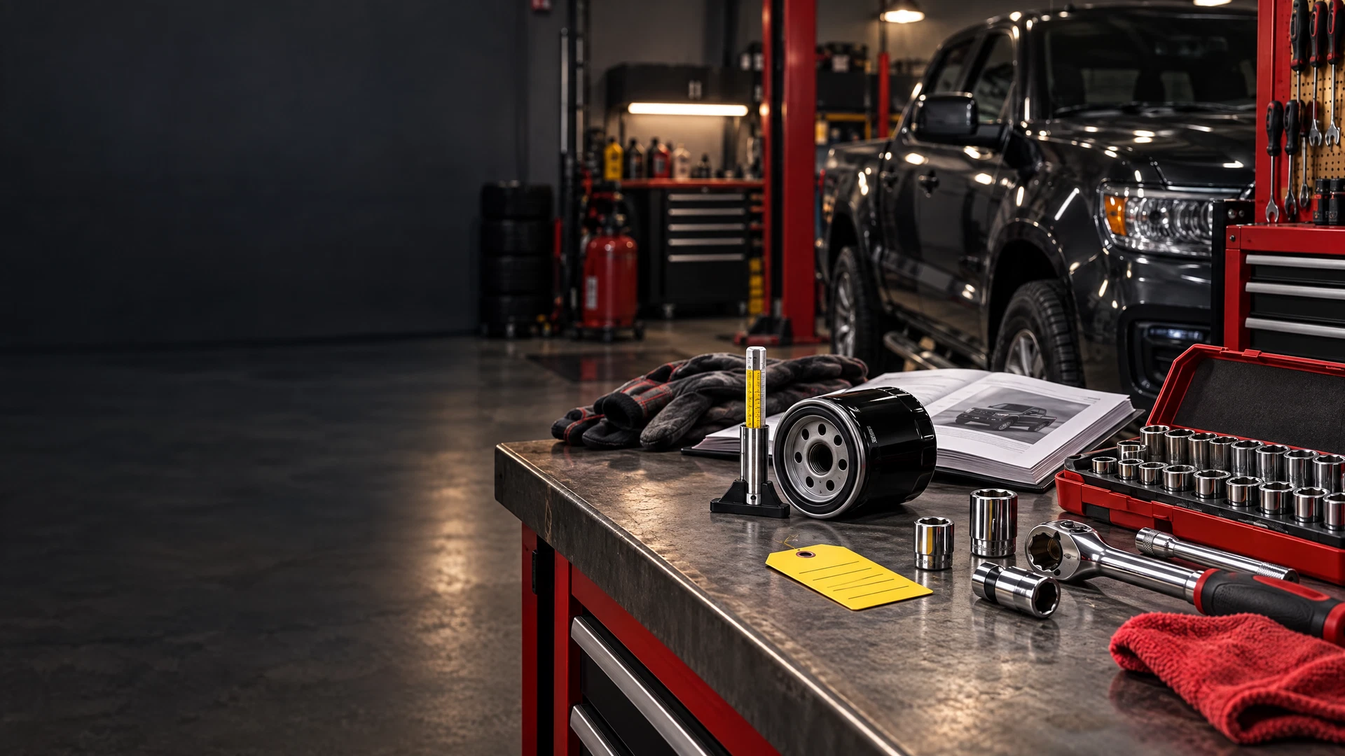 Automotive tools and a pickup truck in a dark garage